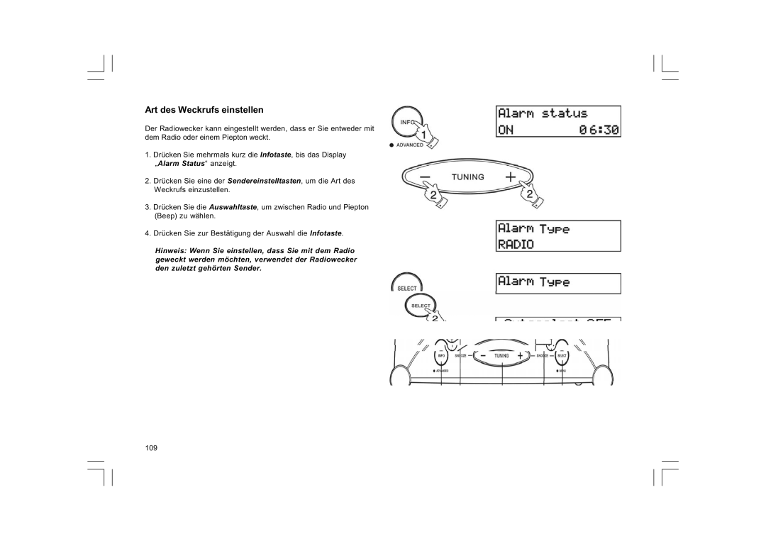 Sangean Electronics DCR-9/DCR-209, FM RDS/DAB digital clock radio manual Art des Weckrufs einstellen 