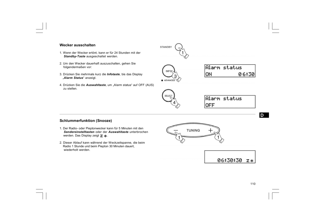 Sangean Electronics FM RDS/DAB digital clock radio, DCR-9/DCR-209 manual Wecker ausschalten, Schlummerfunktion Snooze 