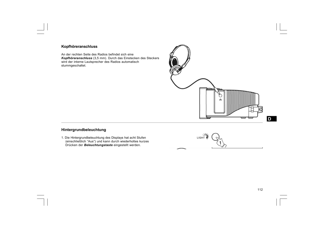 Sangean Electronics FM RDS/DAB digital clock radio, DCR-9/DCR-209 manual Kopfhöreranschluss, Hintergrundbeleuchtung 