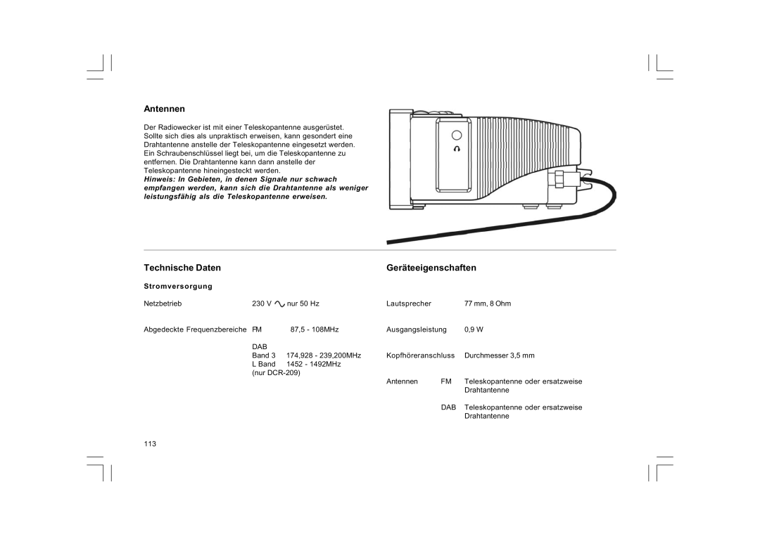 Sangean Electronics DCR-9/DCR-209, FM RDS/DAB digital clock radio manual Antennen, Technische Daten Geräteeigenschaften 