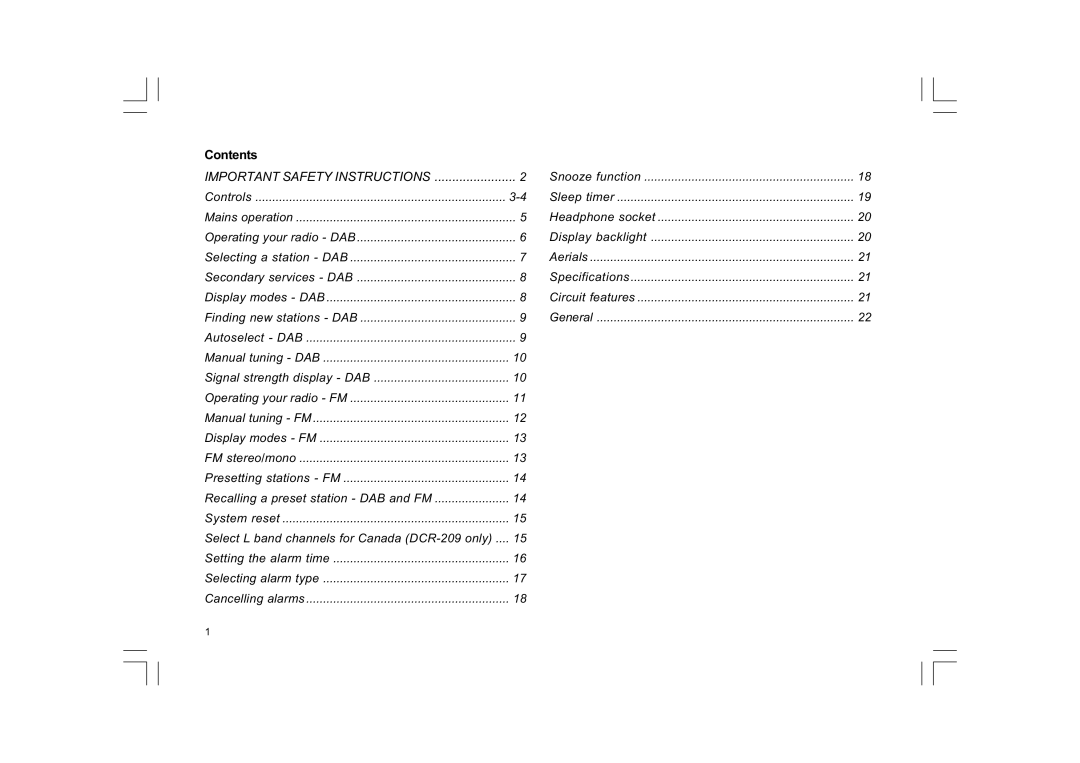 Sangean Electronics DCR-9/DCR-209, FM RDS/DAB digital clock radio manual Contents 