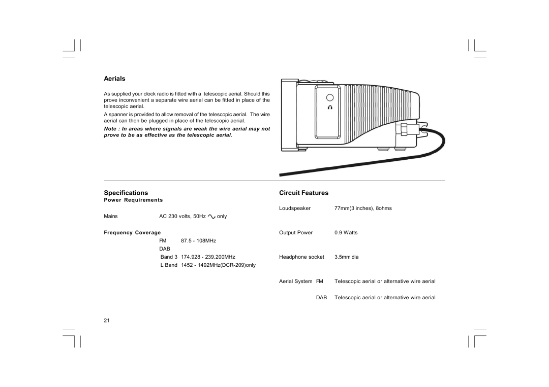 Sangean Electronics DCR-9/DCR-209, FM RDS/DAB digital clock radio manual Aerials, Specifications Circuit Features 