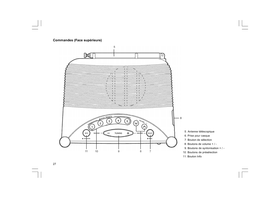 Sangean Electronics DCR-9/DCR-209, FM RDS/DAB digital clock radio manual Commandes Face supérieure 