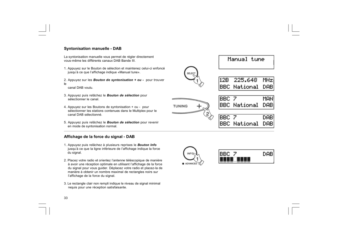 Sangean Electronics DCR-9/DCR-209 manual Syntonisation manuelle DAB, Affichage de la force du signal DAB 