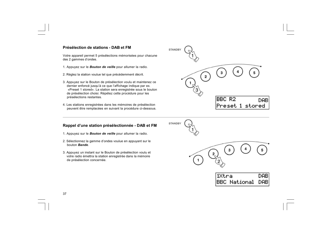 Sangean Electronics DCR-9/DCR-209 manual Présélection de stations DAB et FM, Rappel d’une station présélectionnée DAB et FM 