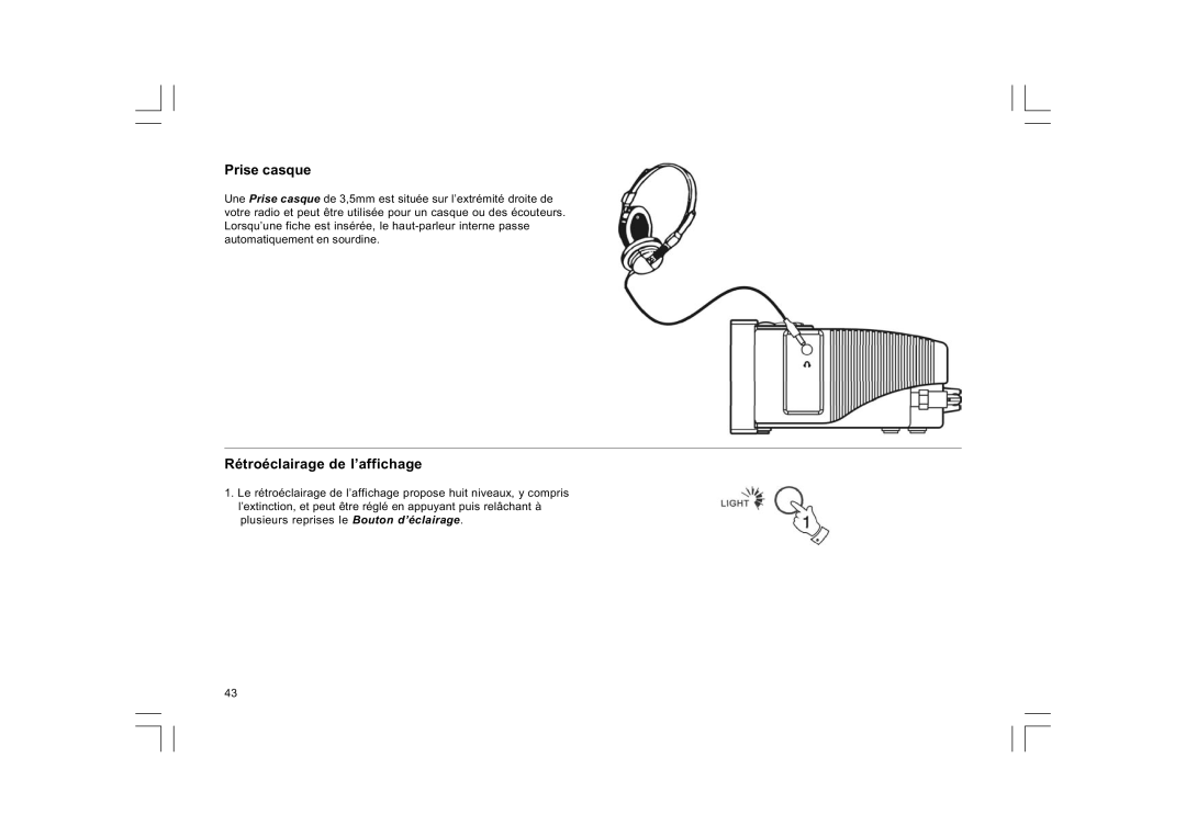 Sangean Electronics DCR-9/DCR-209, FM RDS/DAB digital clock radio manual Prise casque, Rétroéclairage de l’affichage 