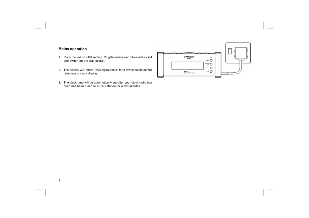 Sangean Electronics DCR-9/DCR-209, FM RDS/DAB digital clock radio manual Mains operation 