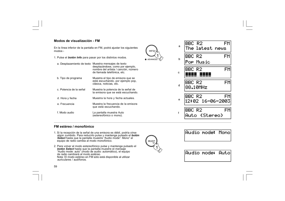 Sangean Electronics DCR-9/DCR-209, FM RDS/DAB digital clock radio manual Modos de visualización FM, FM estéreo / monofónico 