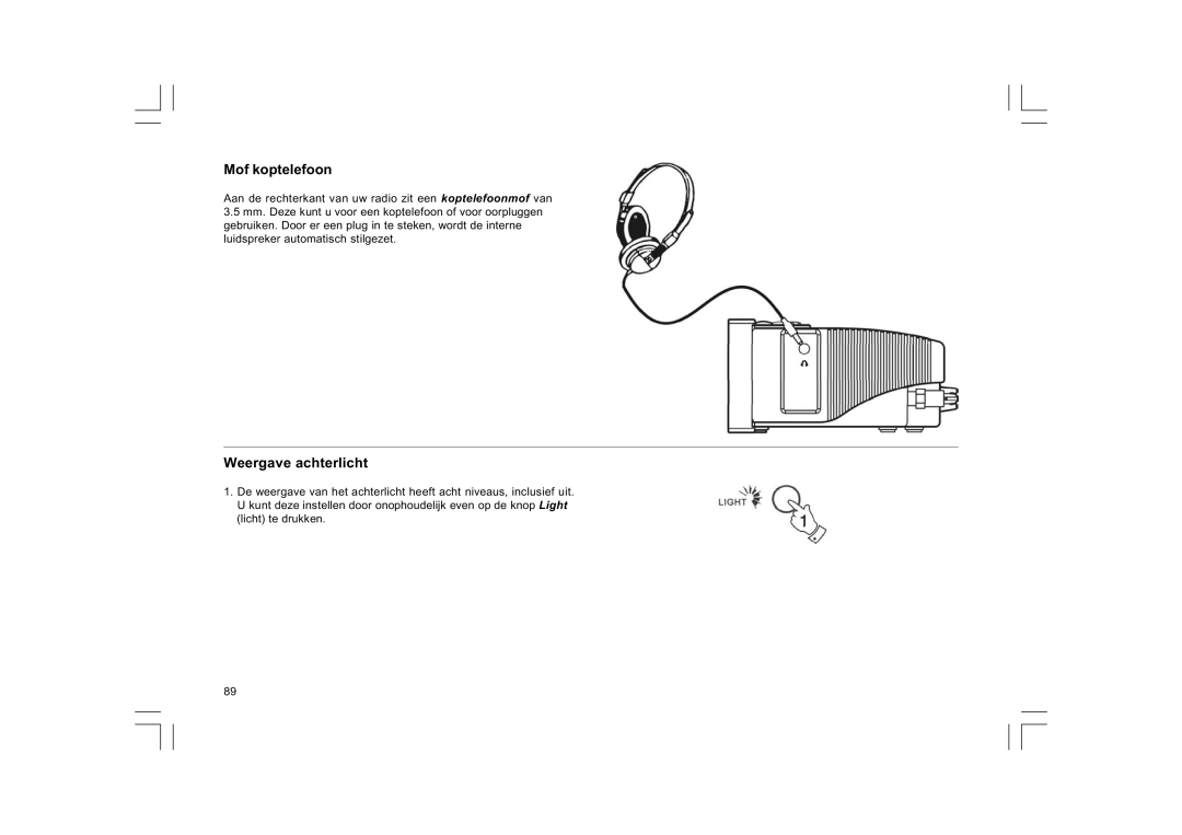 Sangean Electronics DCR-9/DCR-209, FM RDS/DAB digital clock radio manual Mof koptelefoon, Weergave achterlicht 