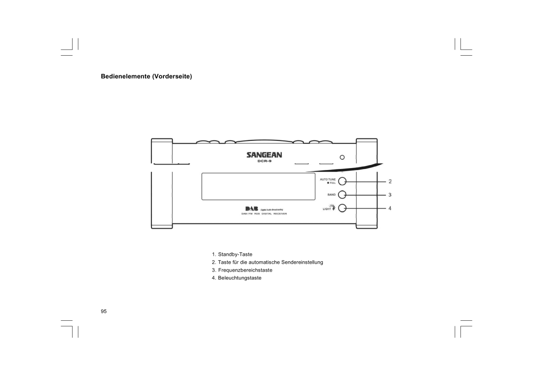 Sangean Electronics DCR-9/DCR-209, FM RDS/DAB digital clock radio manual Bedienelemente Vorderseite 