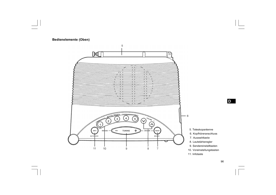 Sangean Electronics FM RDS/DAB digital clock radio, DCR-9/DCR-209 manual Bedienelemente Oben 