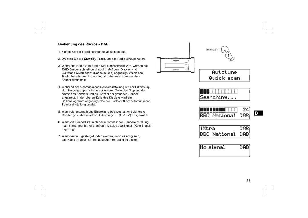 Sangean Electronics FM RDS/DAB digital clock radio, DCR-9/DCR-209 manual Bedienung des Radios DAB 