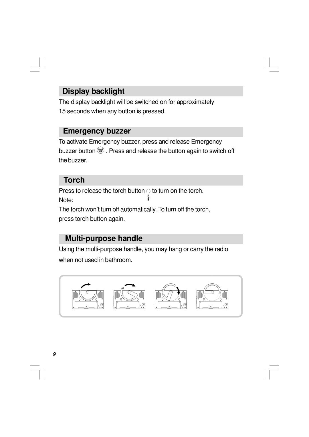 Sangean Electronics H201 manual Display backlight, Emergency buzzer, Torch, Multi-purpose handle 