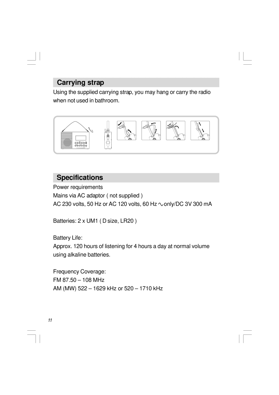 Sangean Electronics H201 manual Carrying strap, Specifications, Power requirements 