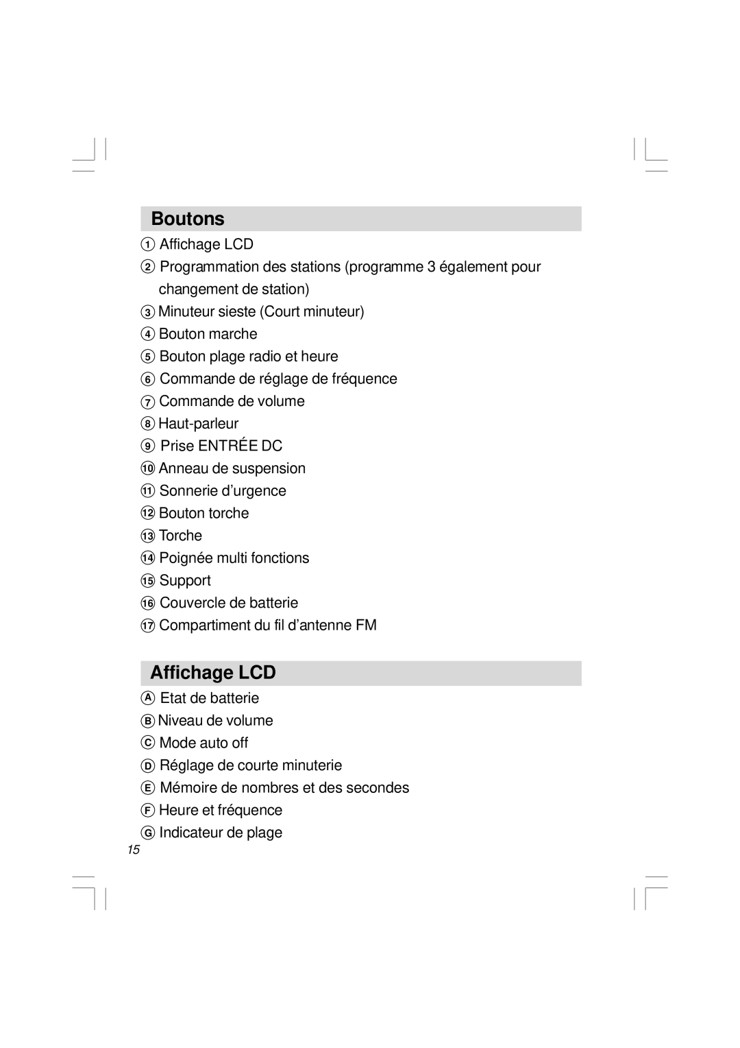 Sangean Electronics H201 manual Boutons, Affichage LCD 