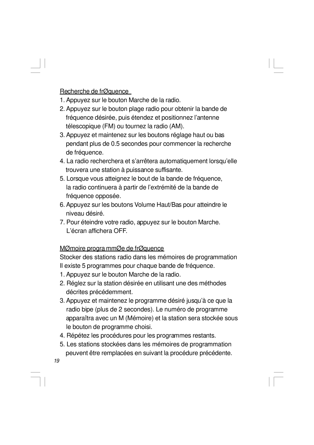 Sangean Electronics H201 manual Recherche de fréquence, Mémoire programmée de fréquence 