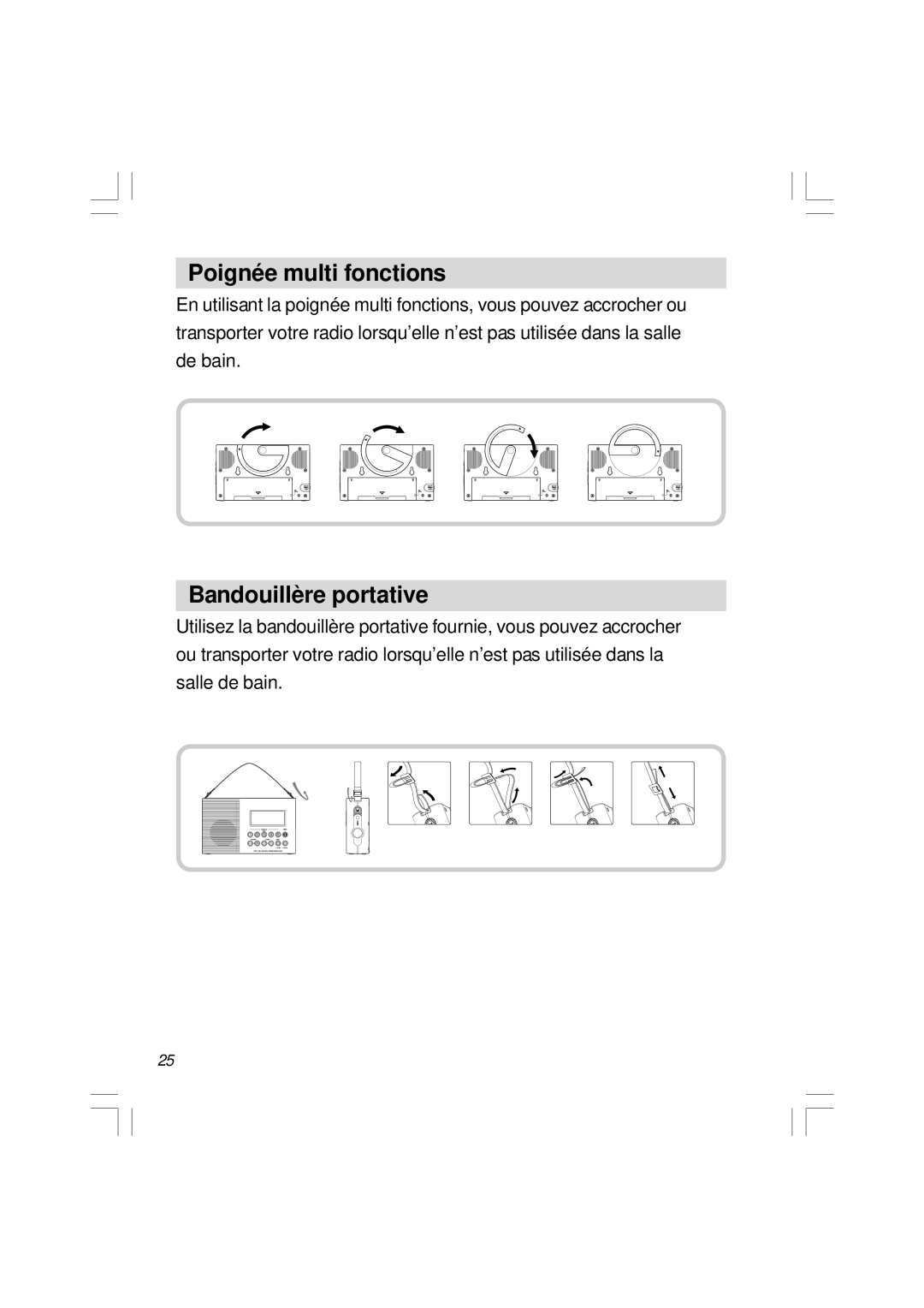 Sangean Electronics H201 manual Poignée multi fonctions, Bandouillère portative 