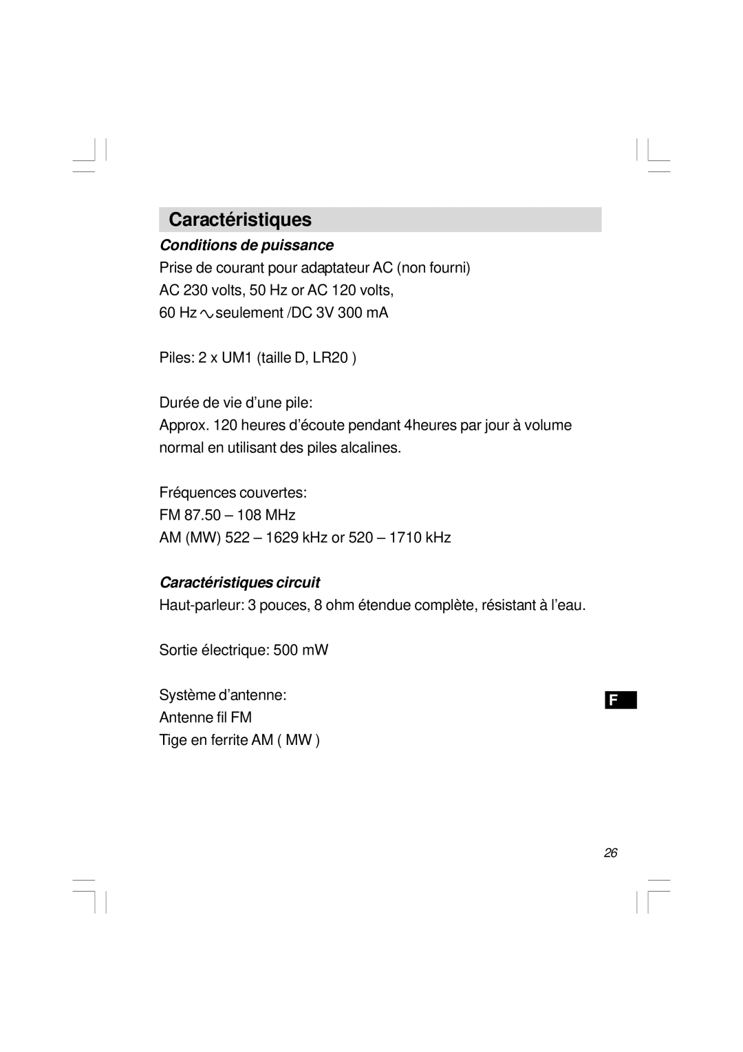 Sangean Electronics H201 manual Conditions de puissance, Caractéristiques circuit 