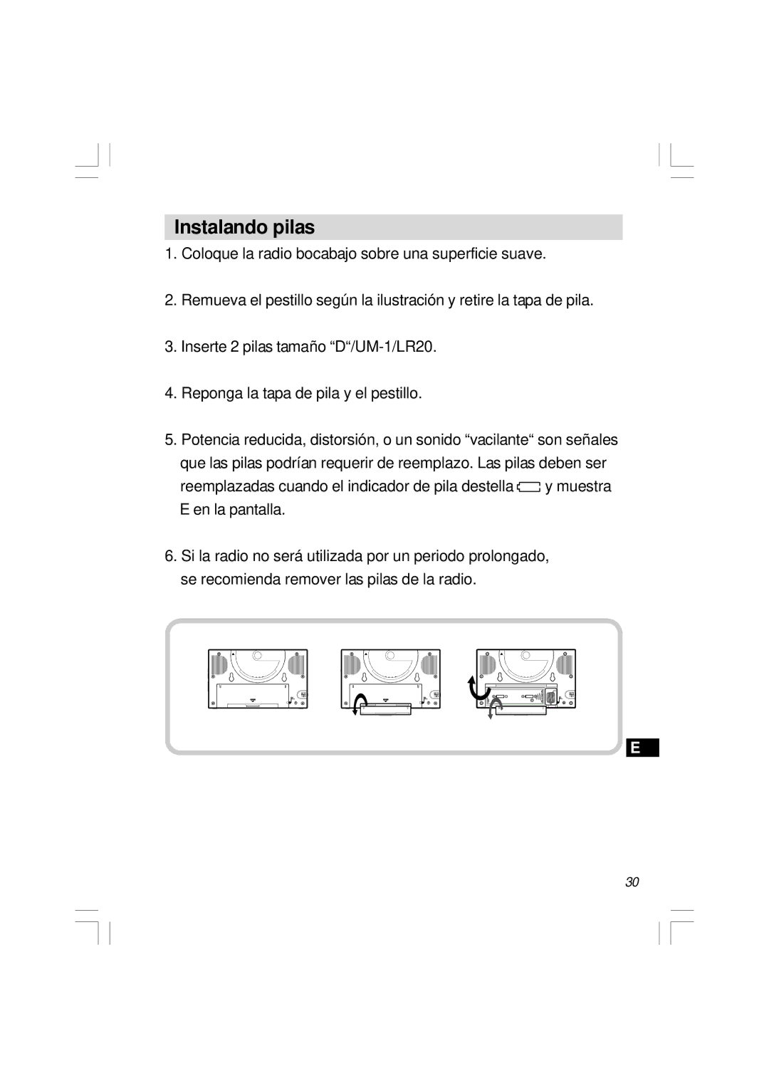 Sangean Electronics H201 manual Instalando pilas 