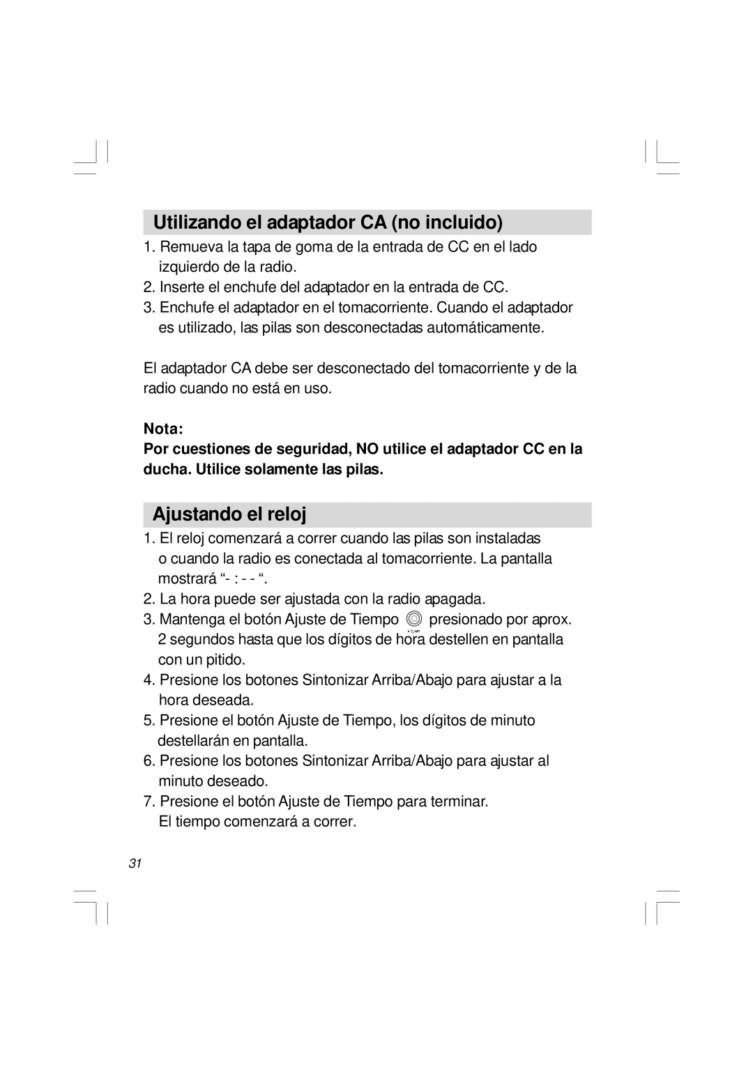 Sangean Electronics H201 manual Utilizando el adaptador CA no incluido, Ajustando el reloj 