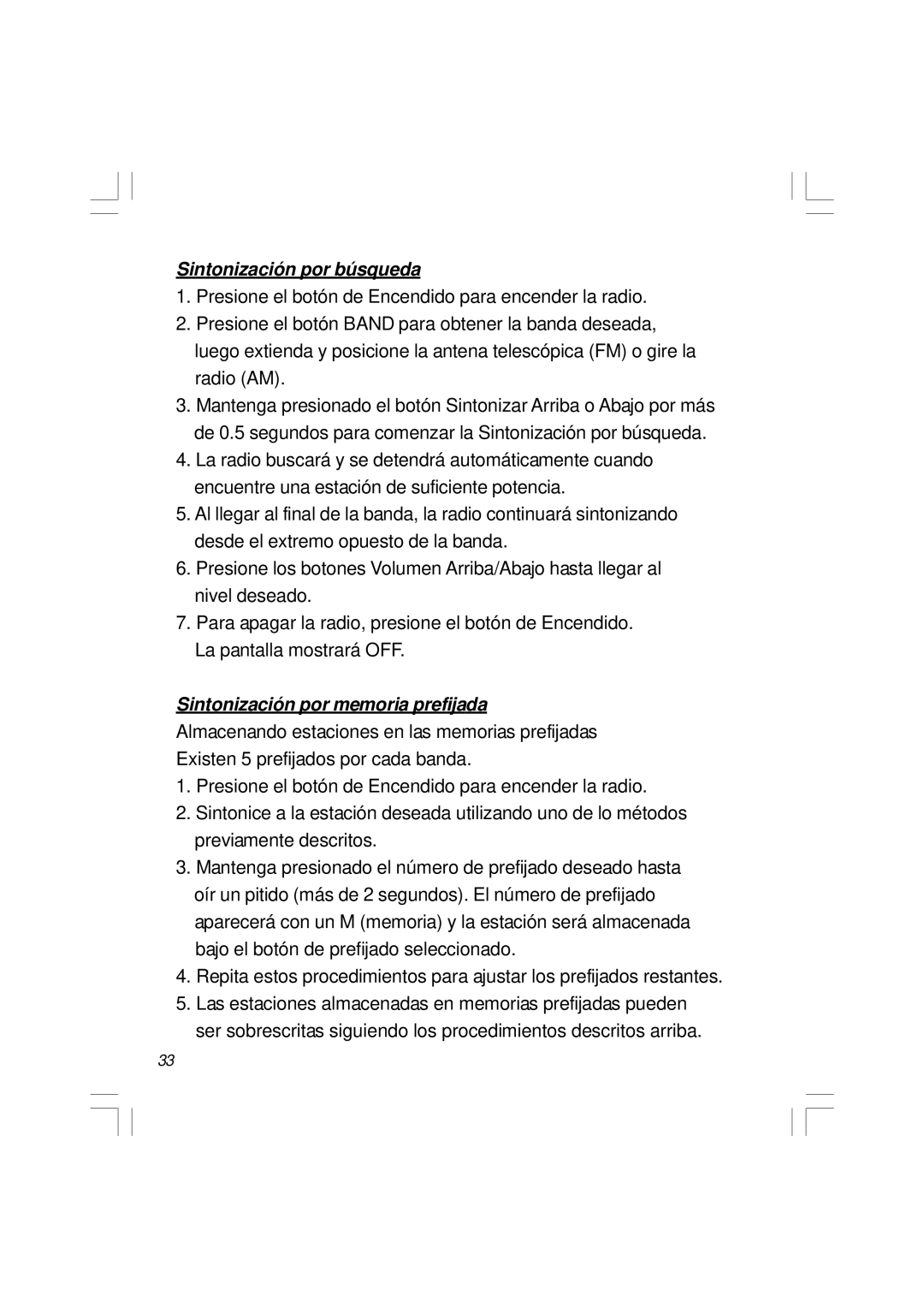 Sangean Electronics H201 manual Sintonización por búsqueda, Sintonización por memoria prefijada 