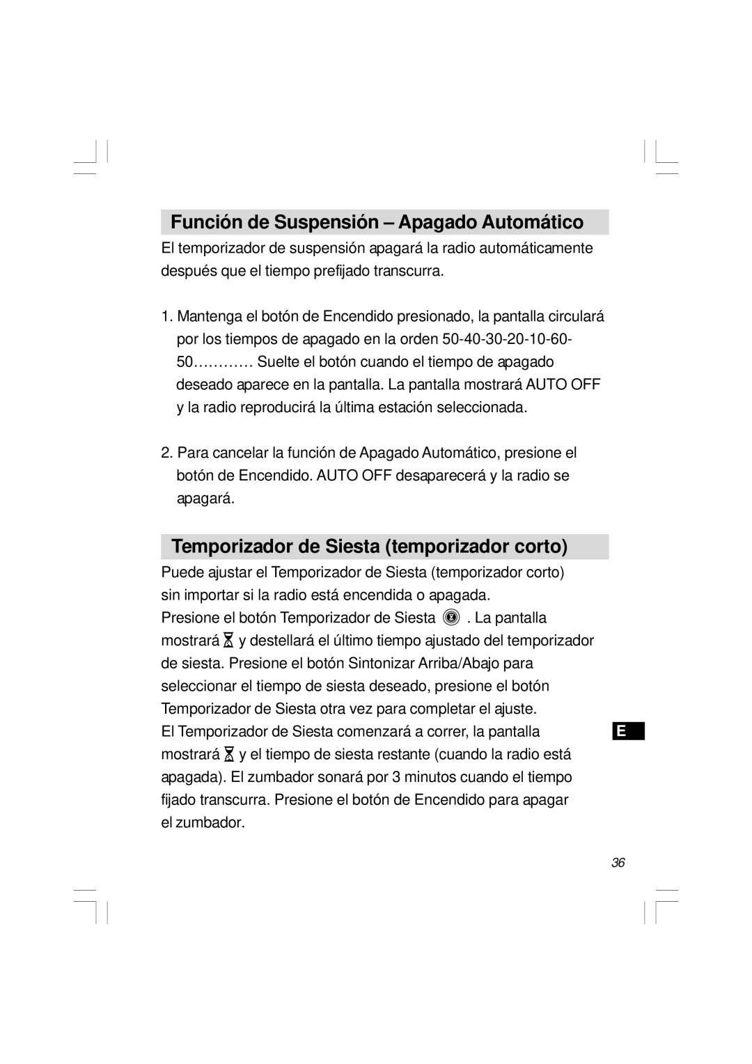 Sangean Electronics H201 manual Función de Suspensión Apagado Automático, Temporizador de Siesta temporizador corto 