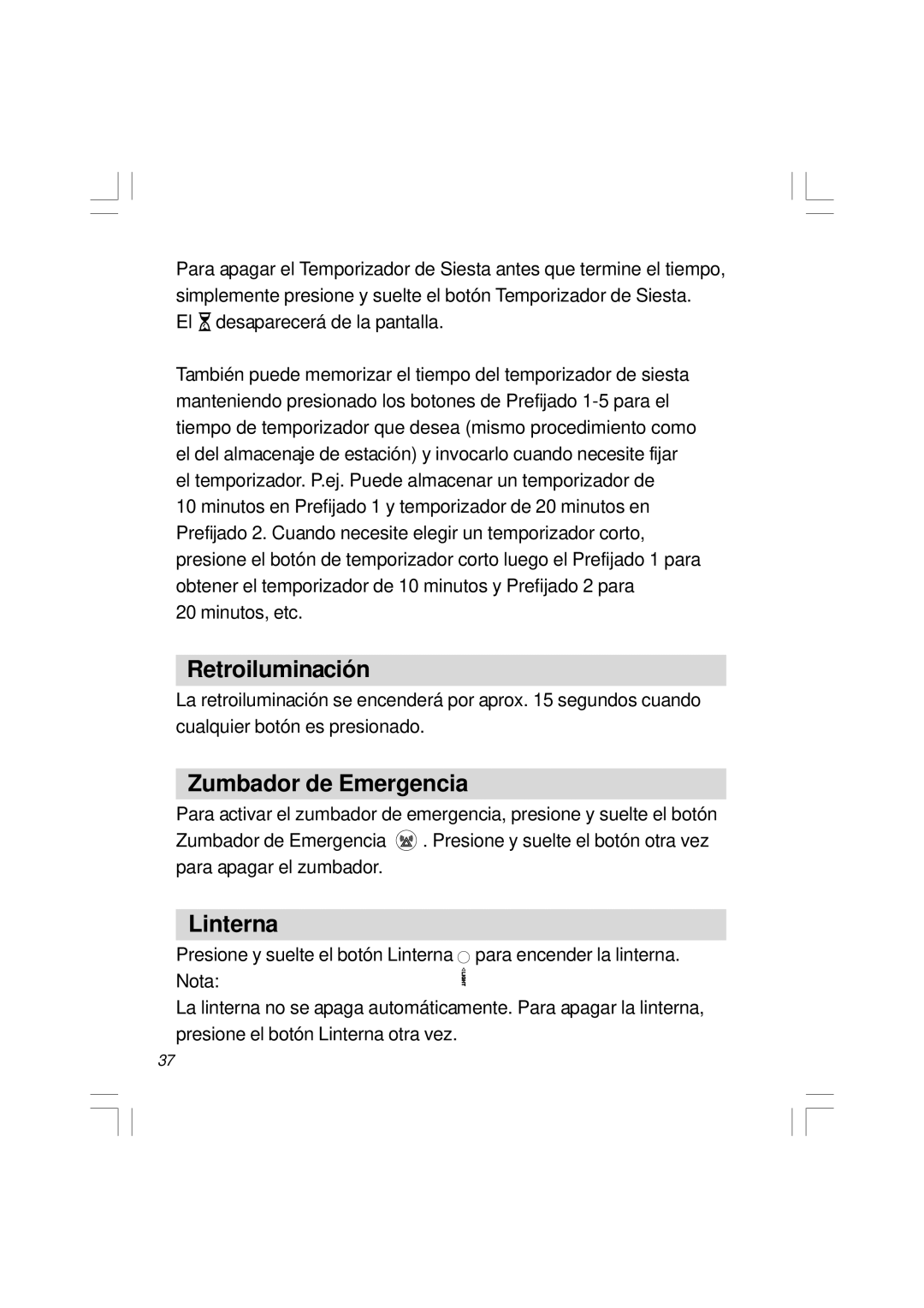 Sangean Electronics H201 manual Retroiluminación, Zumbador de Emergencia, Linterna 