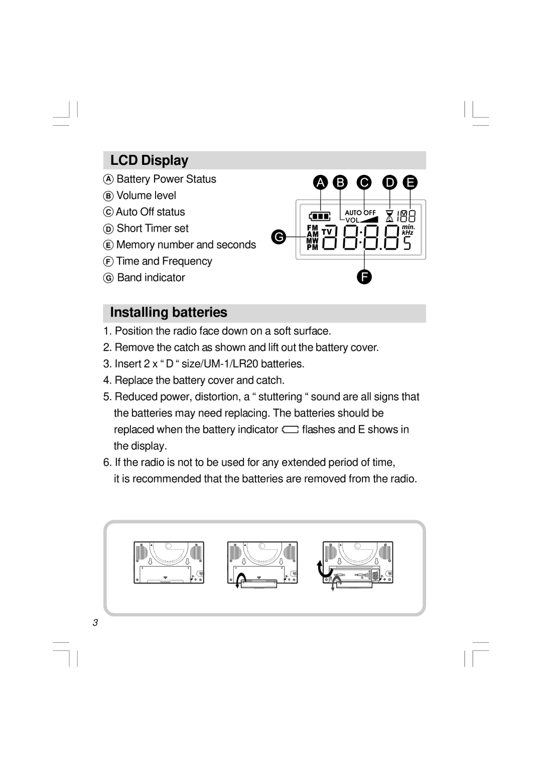 Sangean Electronics H201 manual LCD Display, Installing batteries 