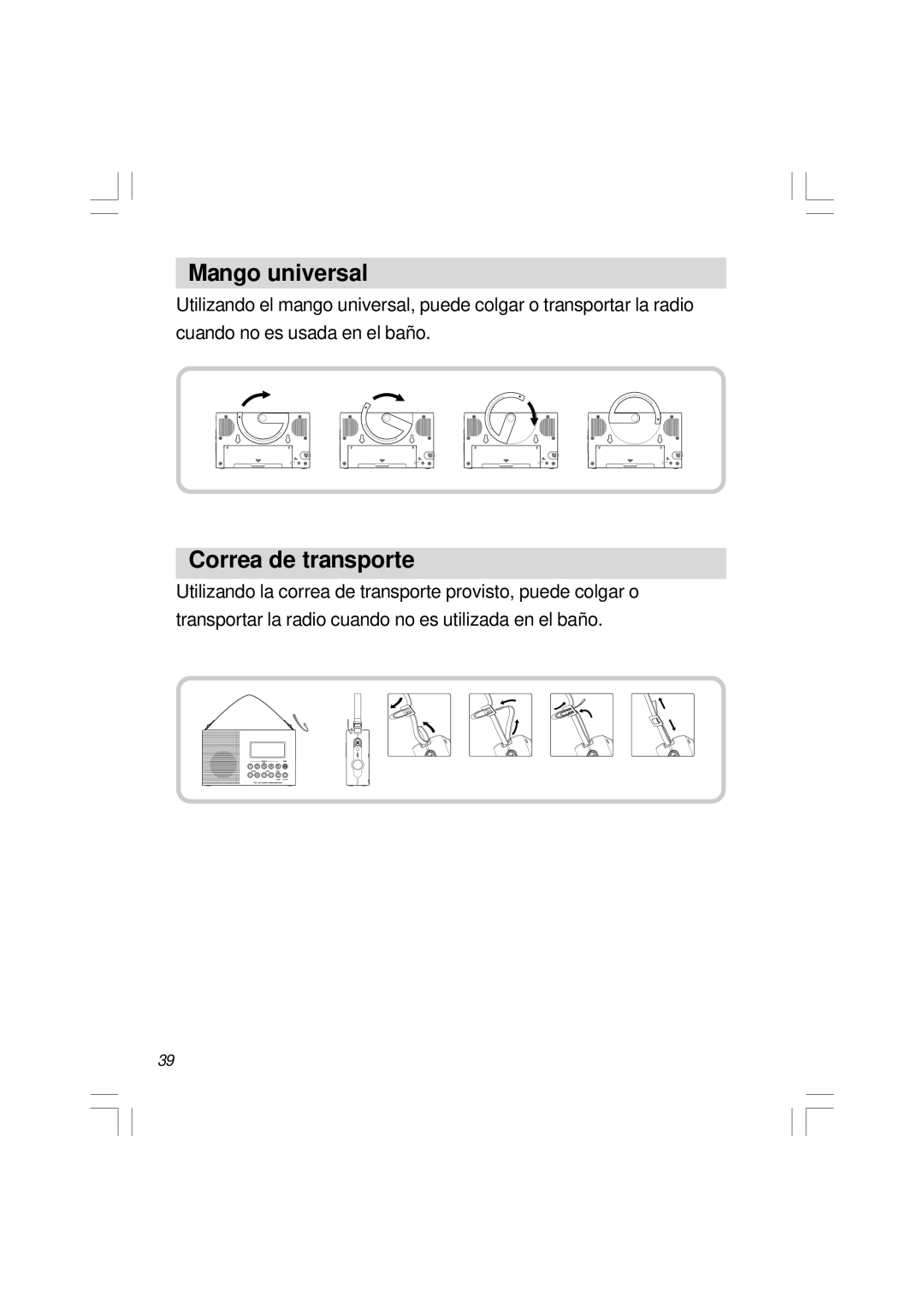 Sangean Electronics H201 manual Mango universal, Correa de transporte 