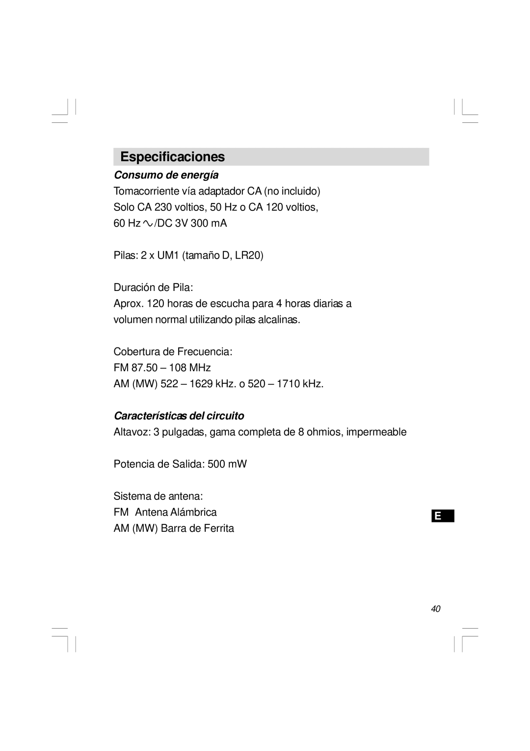 Sangean Electronics H201 manual Especificaciones, Consumo de energía, Características del circuito 