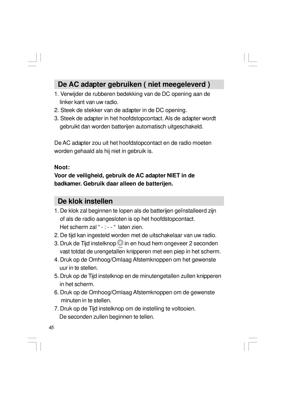 Sangean Electronics H201 manual De AC adapter gebruiken niet meegeleverd, De klok instellen 