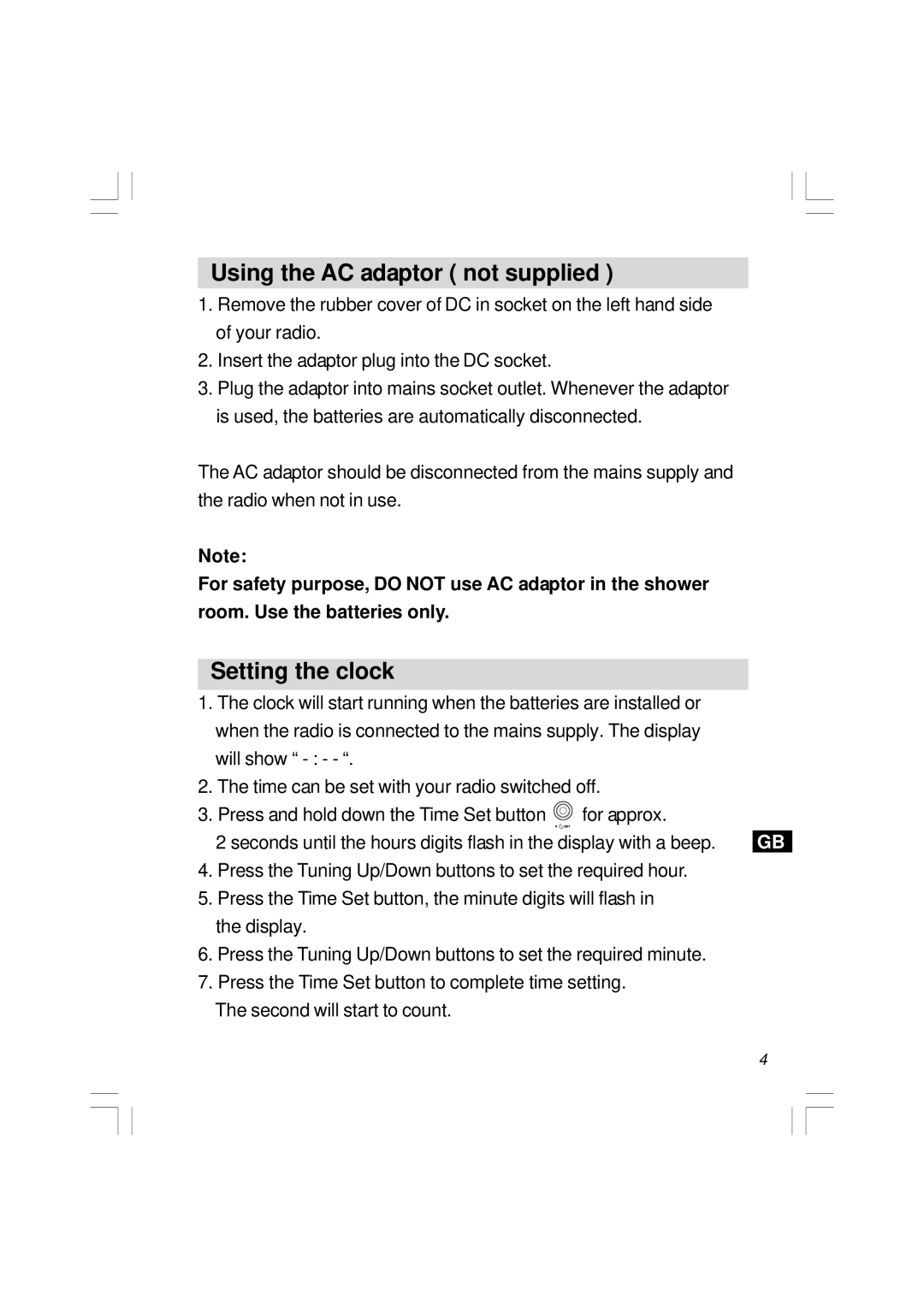 Sangean Electronics H201 manual Using the AC adaptor not supplied, Setting the clock 