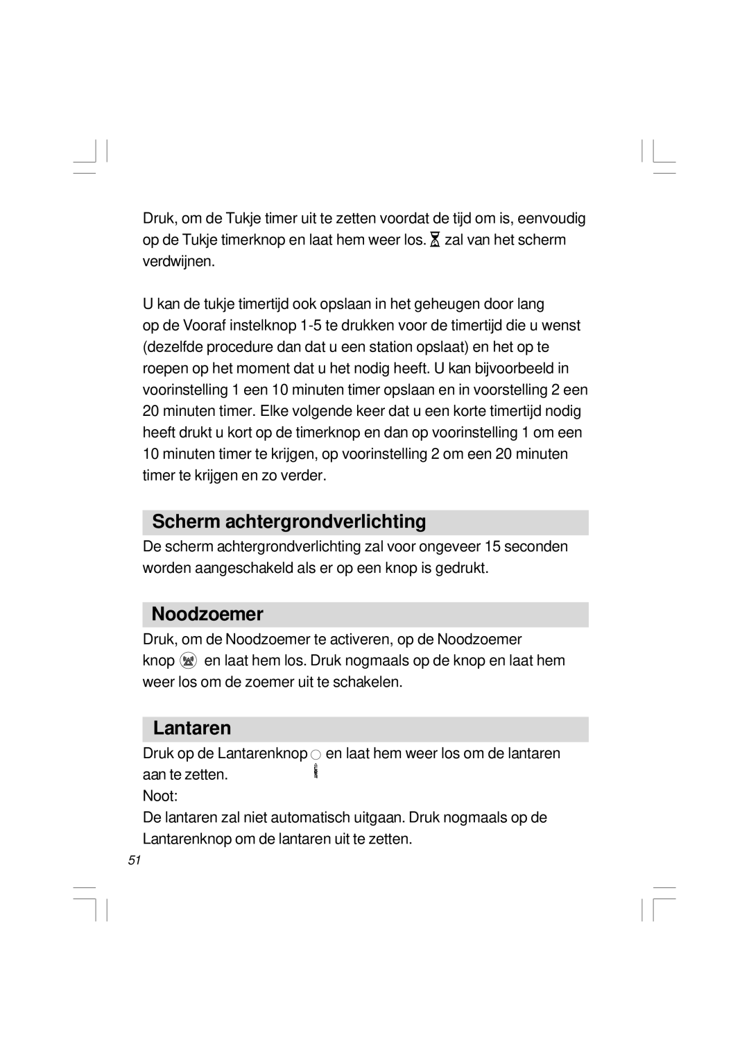 Sangean Electronics H201 manual Scherm achtergrondverlichting, Noodzoemer, Lantaren 