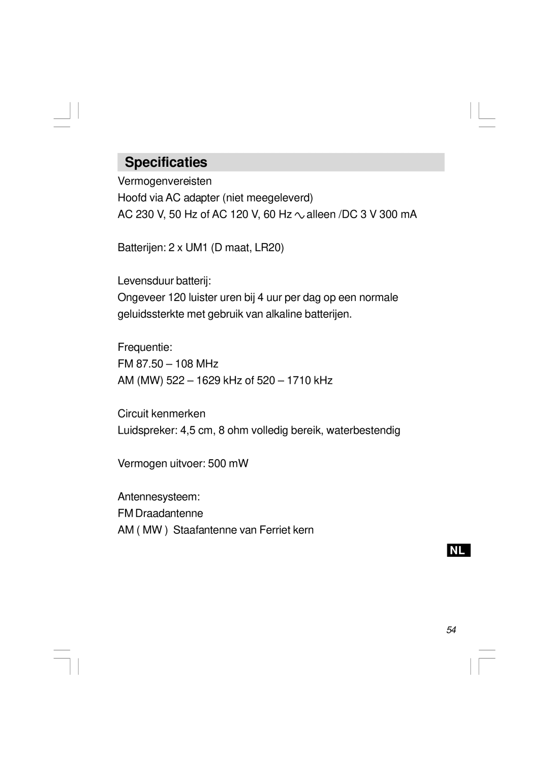 Sangean Electronics H201 manual Specificaties, Vermogenvereisten, Circuit kenmerken 