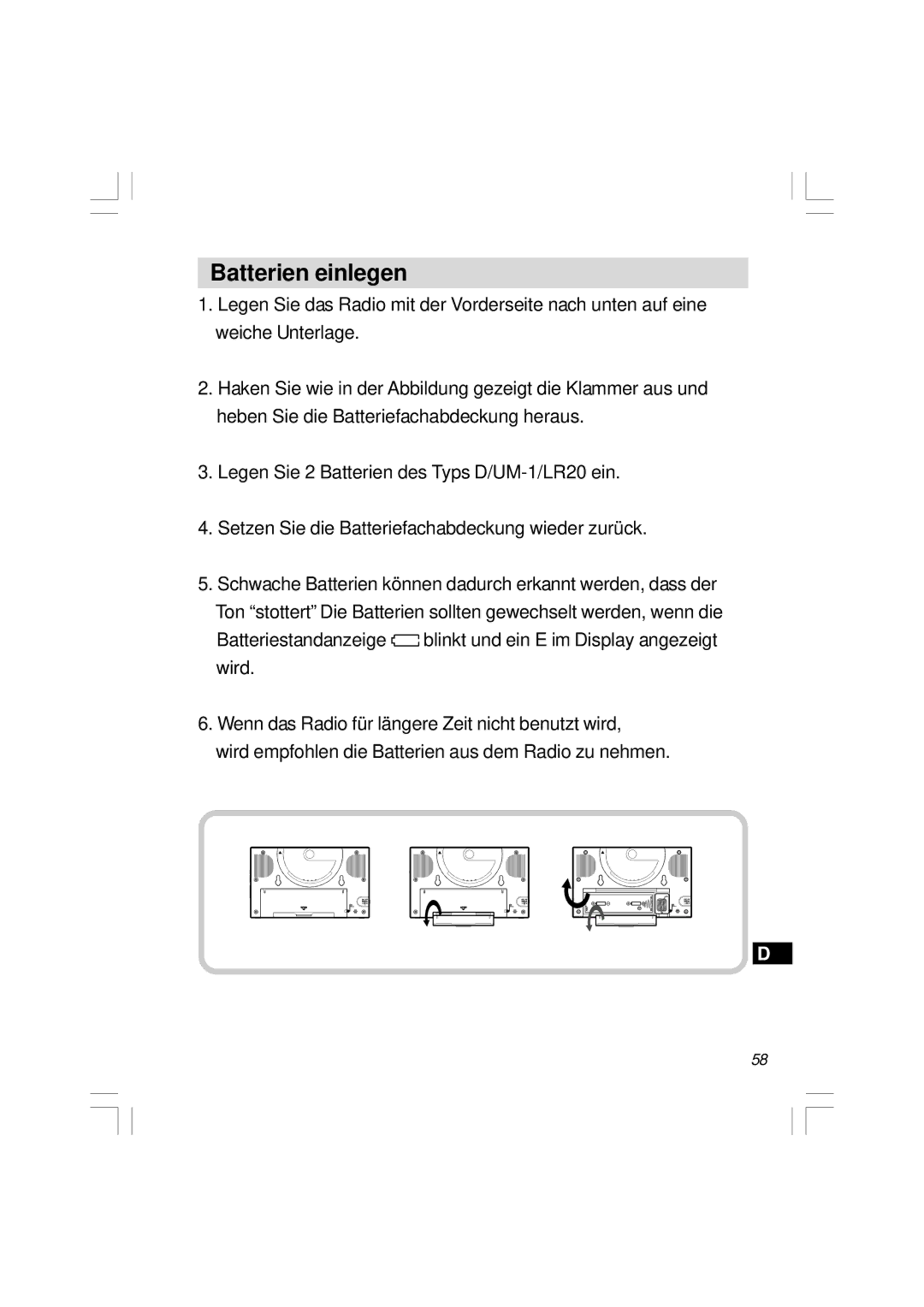 Sangean Electronics H201 manual Batterien einlegen 