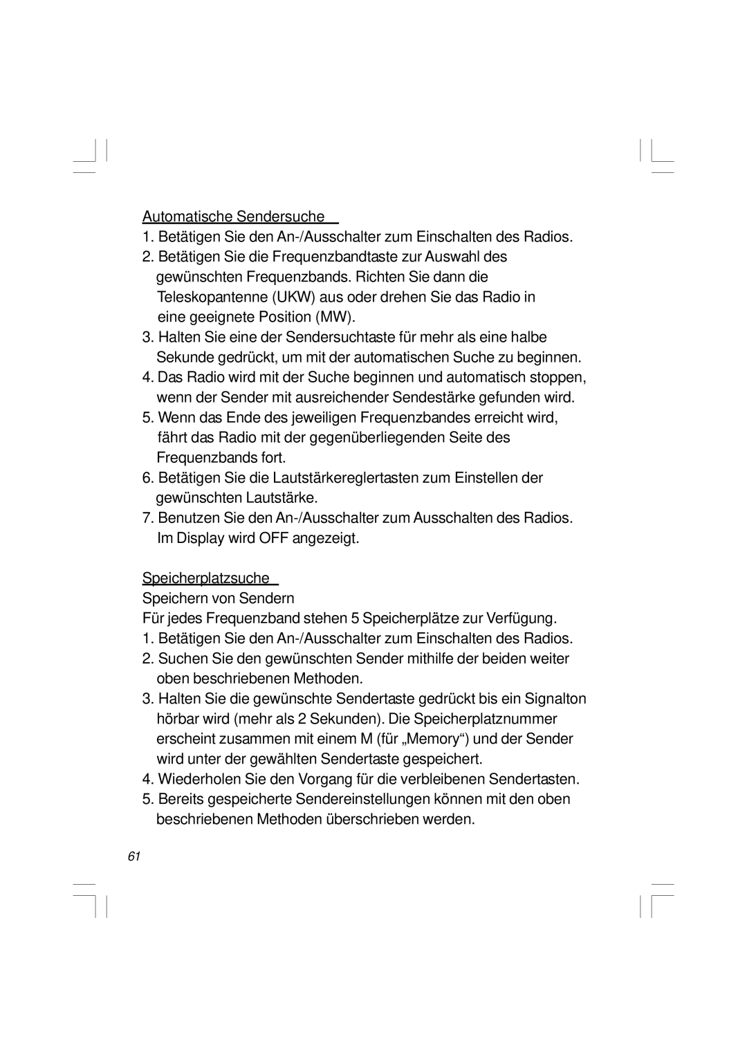 Sangean Electronics H201 manual Automatische Sendersuche, Speicherplatzsuche Speichern von Sendern 