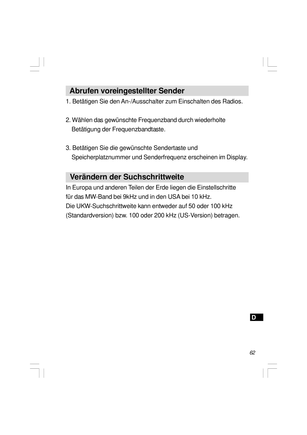 Sangean Electronics H201 manual Abrufen voreingestellter Sender, Verändern der Suchschrittweite 