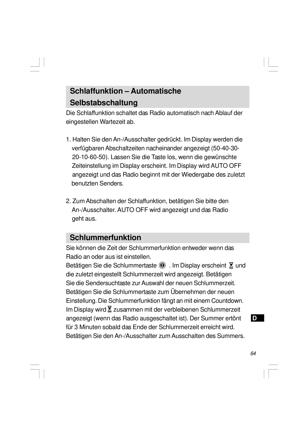 Sangean Electronics H201 manual Schlaffunktion Automatische Selbstabschaltung, Schlummerfunktion 