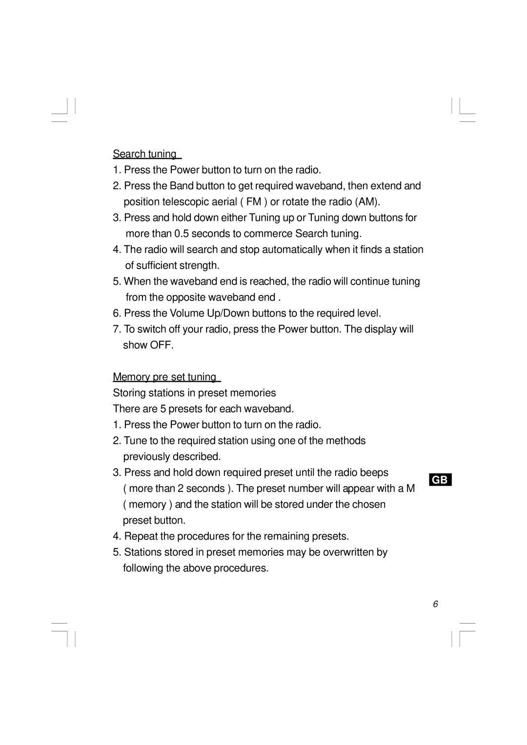 Sangean Electronics H201 manual Search tuning, Memory preset tuning 