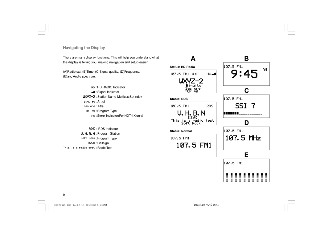 Sangean Electronics HDT-1 user manual Navigating the Display 