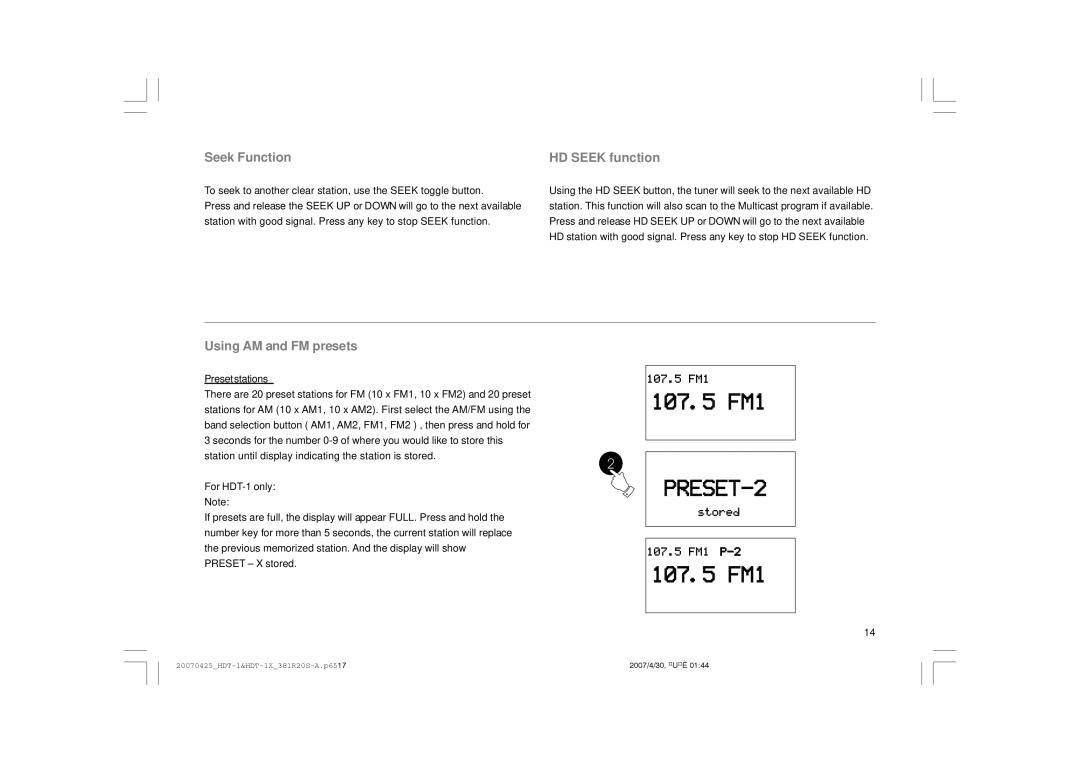 Sangean Electronics HDT-1 user manual Seek Function, HD Seek function, Using AM and FM presets 