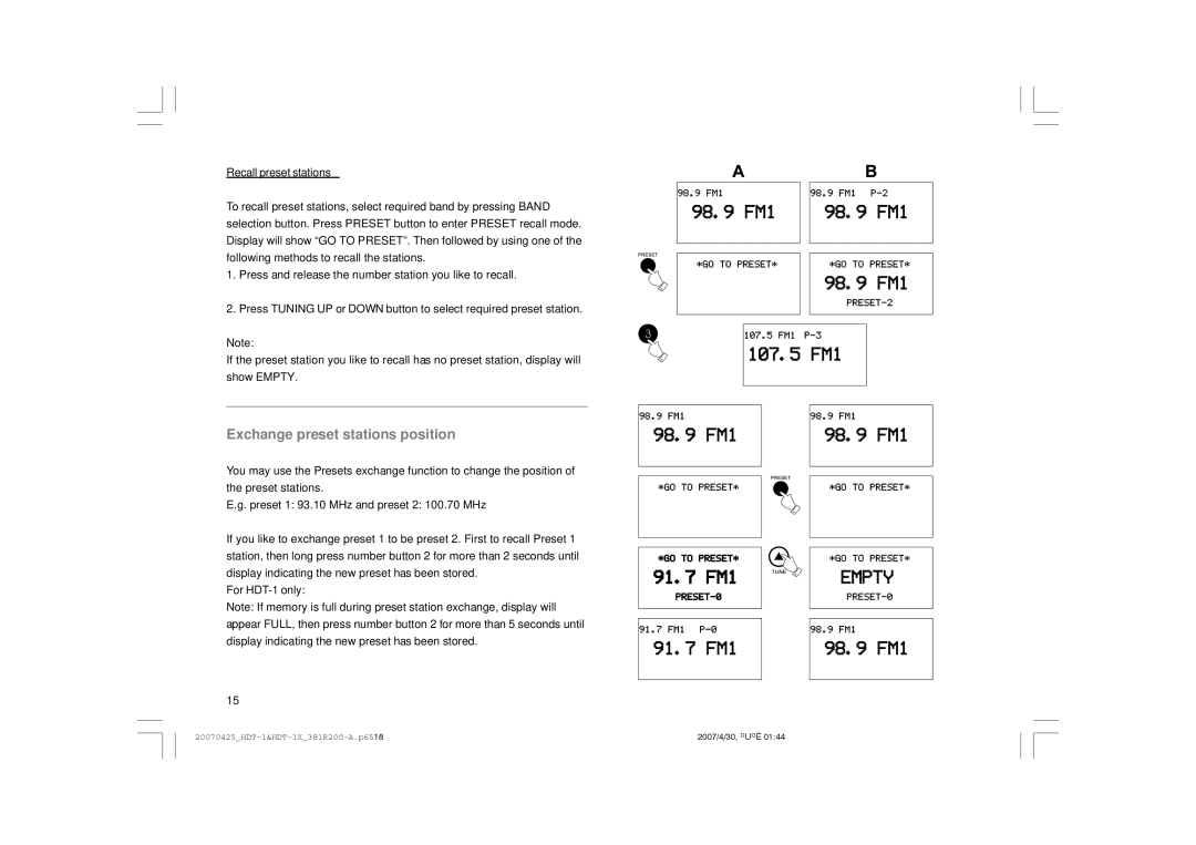 Sangean Electronics HDT-1 user manual Exchange preset stations position, Recall preset stations 