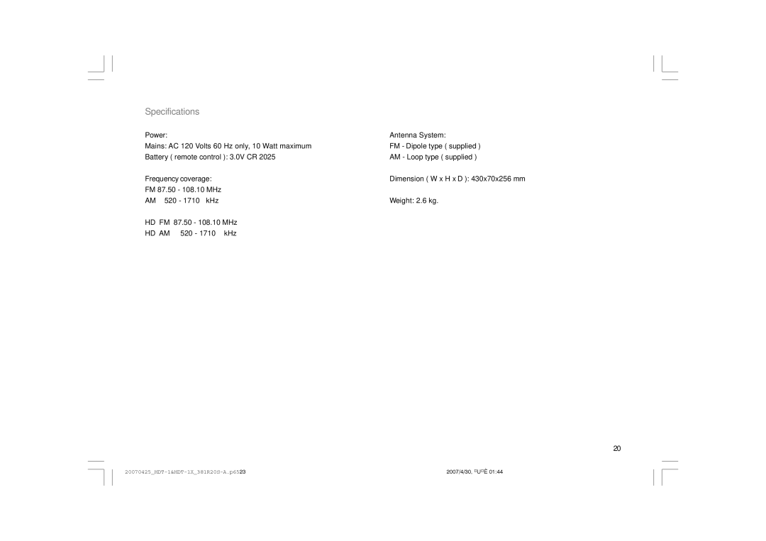 Sangean Electronics HDT-1 user manual Specifications 