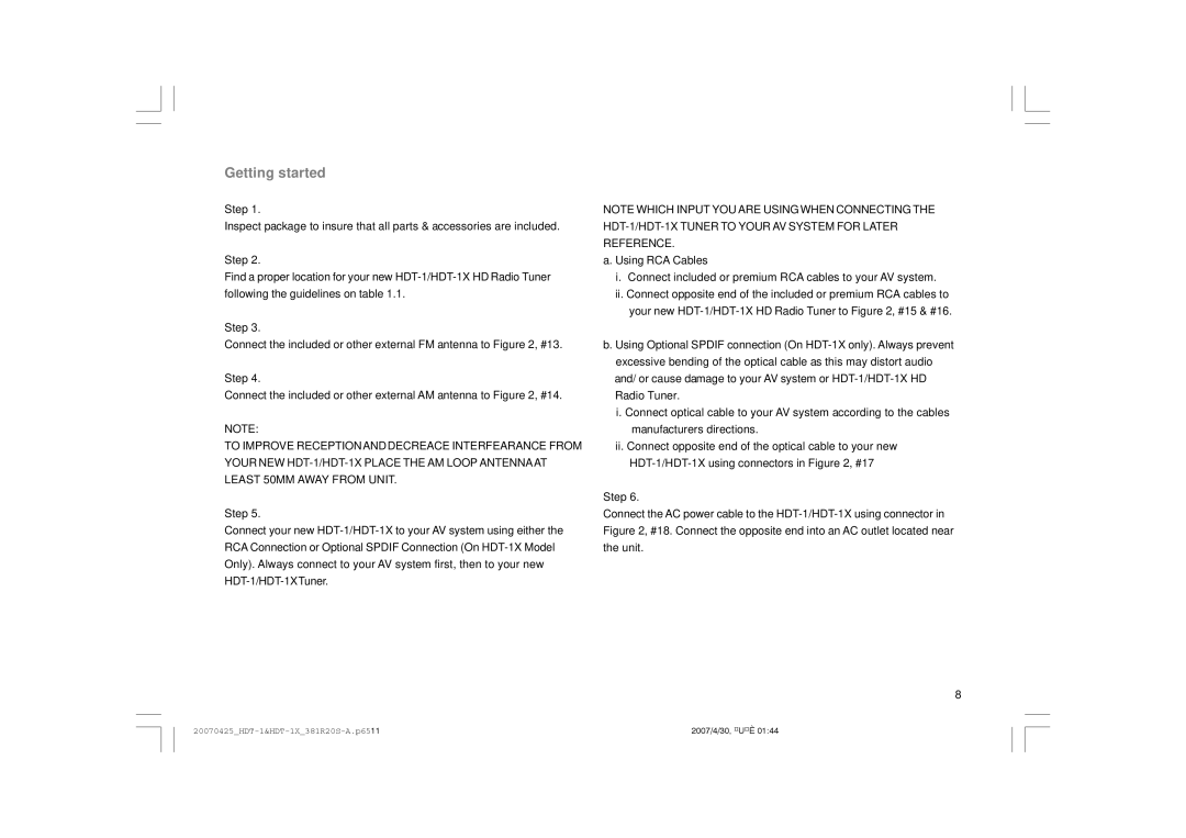 Sangean Electronics HDT-1 user manual Getting started 