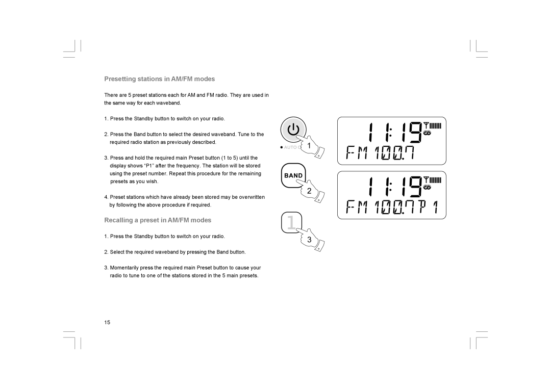 Sangean Electronics K-200 manual Presetting stations in AM/FM modes, Recalling a preset in AM/FM modes 