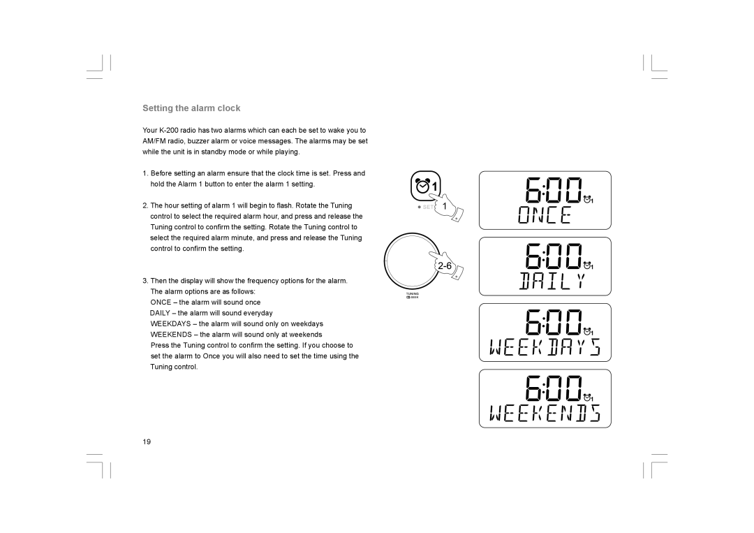 Sangean Electronics K-200 manual Setting the alarm clock 