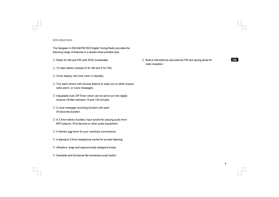 Sangean Electronics K-200 manual Introduction 