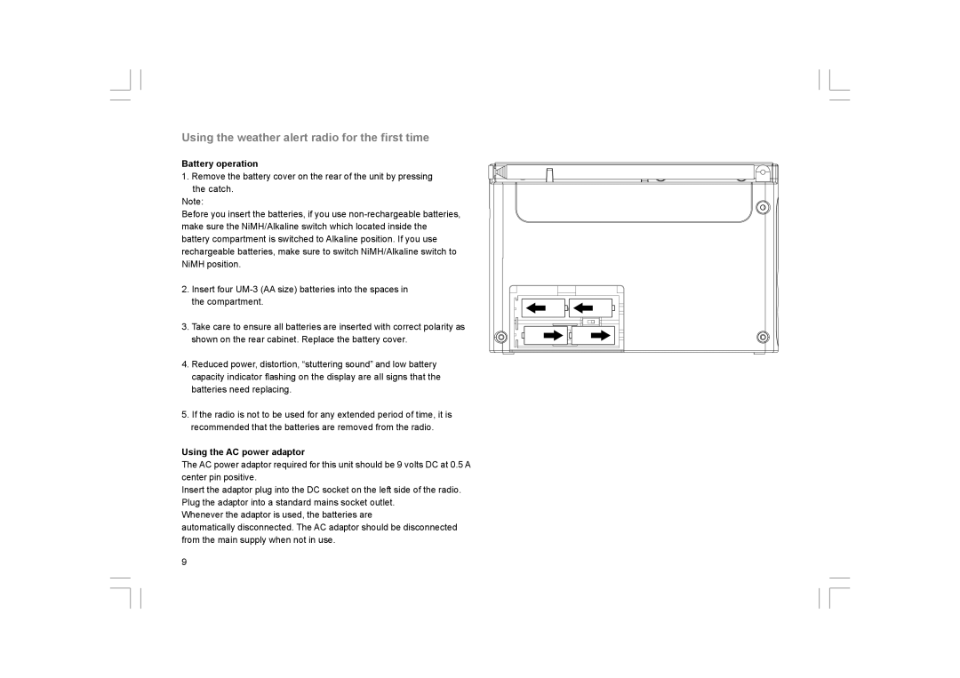 Sangean Electronics PR-D9W manual Using the weather alert radio for the first time, Battery operation 