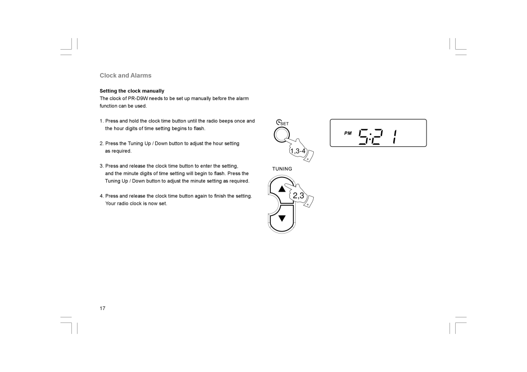 Sangean Electronics PR-D9W Clock and Alarms, Setting the clock manually 