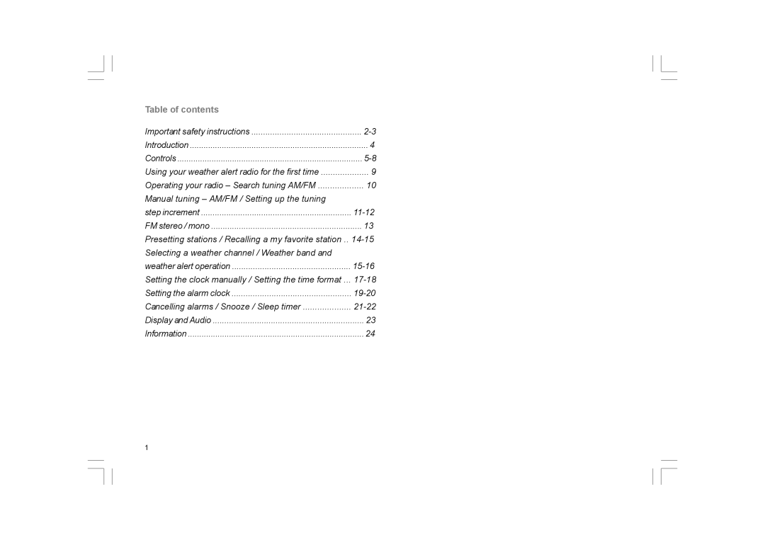 Sangean Electronics PR-D9W manual Table of contents 